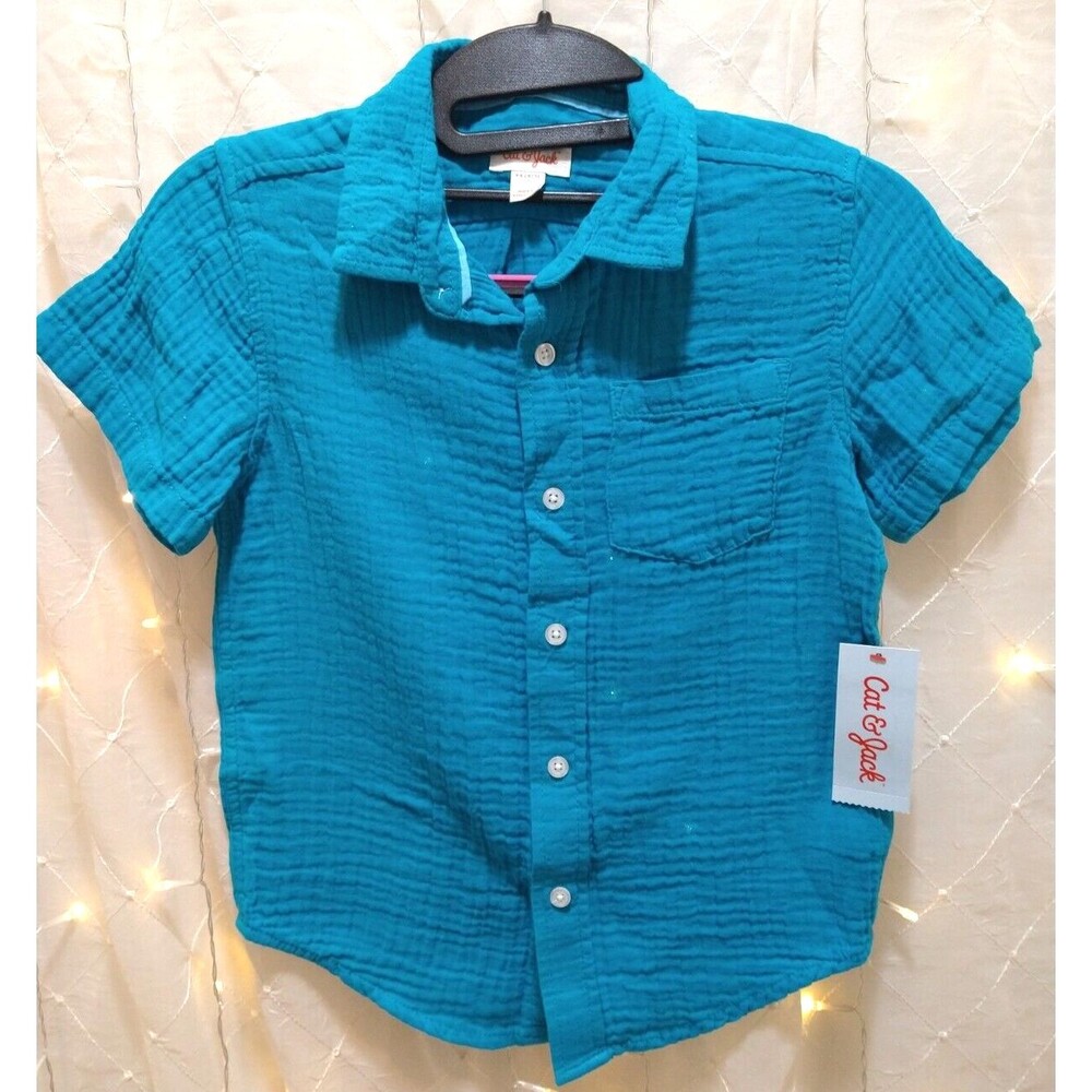CAT & JACK BOYS TEAL BLUE XS SHIRT BUTTON DOWN CASUAL GAUZE VERSATILE SOLID SOFT